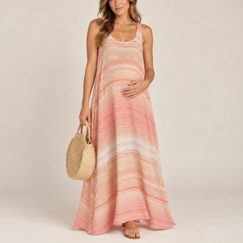 Hatch The Sunset Striped Woven Maxi Dress Petite Pink Orange Knit Maternity